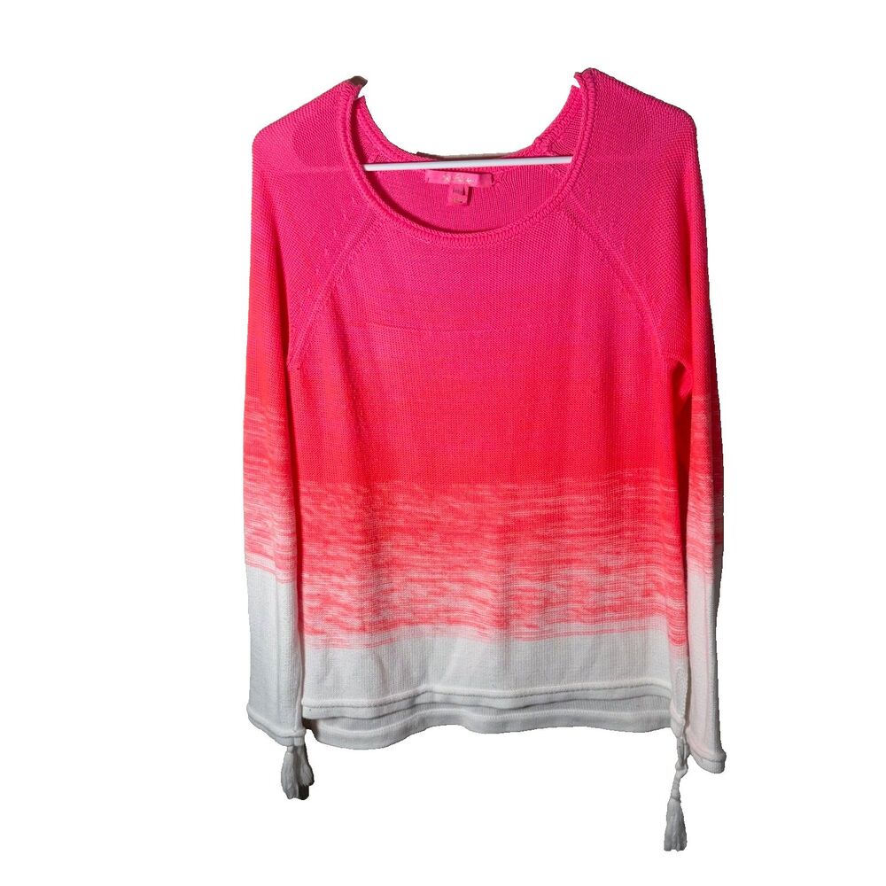 Lilly Pulitzer Sweater Women's Medium Neon Pink Ombre Knit Pullover Tassel